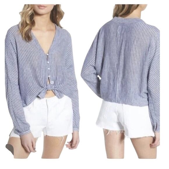 Rails Sloane Linen Blue Azure Stripe Front Tie Top Shirt Women's Size Large - Picture 14 of 14
